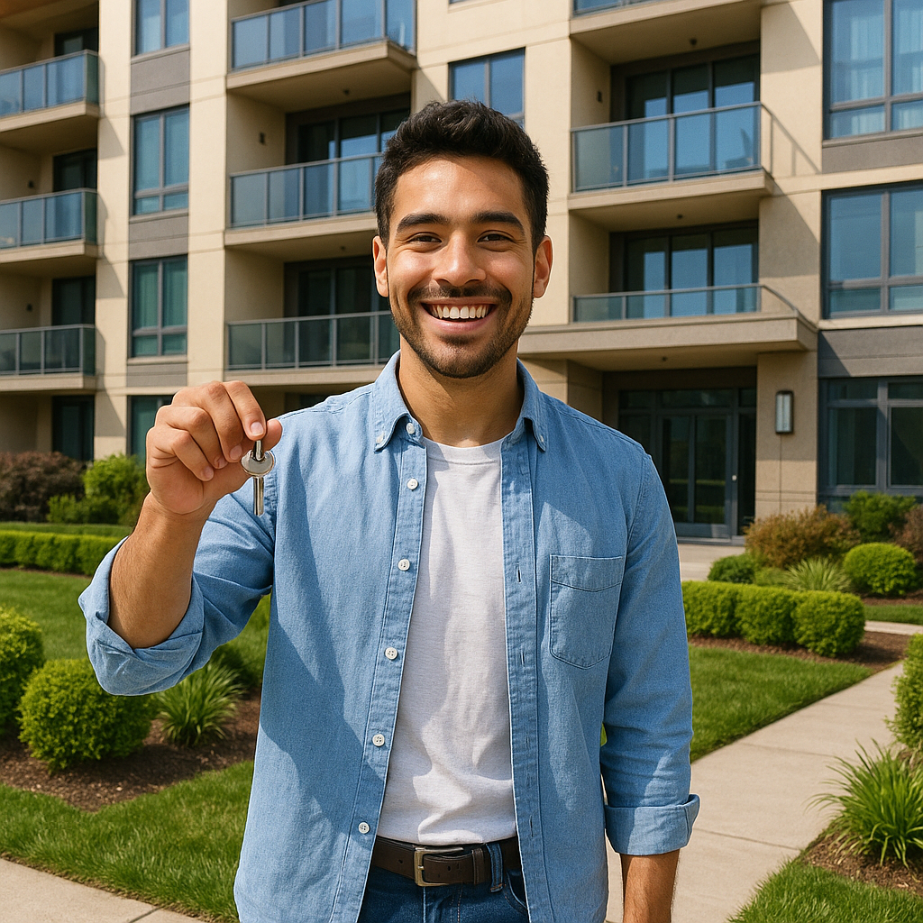 Happy landlord holding keys in front of modern Singapore condo